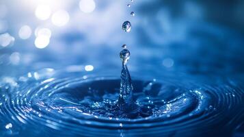 Water drop creates splash and ripples, a captivating display of liquid motion. Focus on water impact and light effects. Aqua serenity. photo
