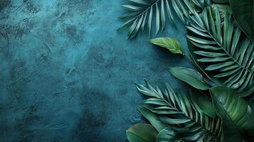 Lush tropical leaves cascade across a textured teal backdrop, creating a tranquil and inviting natural ambiance in a studio setting. photo