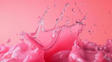 Vibrant pink liquid bursts into motion, creating dynamic splashes and droplets against a matching background. Refreshing and visually captivating. photo