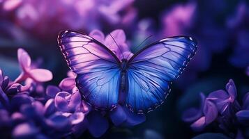 Elegant butterfly with a symmetrical pattern, its wings display a mesmerizing color gradient against a backdrop of soft purple blossoms. photo
