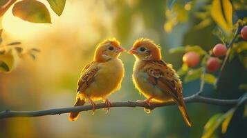 Two small, golden birds perched on a branch in warm sunlight, creating a harmonious scene. Nature's beauty at its finest. photo