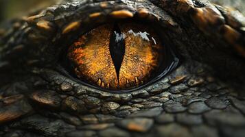 A captivating close-up reveals the intricate details of a reptile's eye, showcasing its unique golden coloration and reptilian features. photo