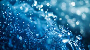 Splashing water forms a mesmerizing display of energy. Tiny droplets create an ethereal effect against a blue backdrop. photo
