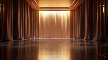 A luxurious golden stage draped with elegant curtains, reflecting light on the polished floor, creating a grand and theatrical atmosphere. photo