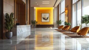 An opulent lobby features luxurious seating, sleek marble floors, and a grand reception area bathed in natural light from expansive windows. photo