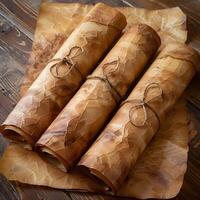 Three rolls of brown paper tied with string on a wooden table photo