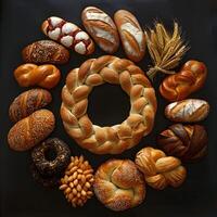 Various types of bread, a staple food, are displayed in a circular arrangement photo