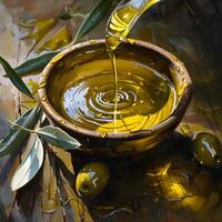 Artistic depiction of liquid oil being poured into a tableware dish photo