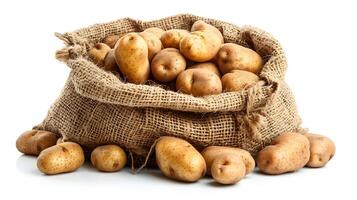 A sack of potatoes rests on a mound of spuds, a staple food photo
