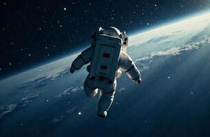 Astronaut black in spacesuit in outer space flies in zero gravity photo