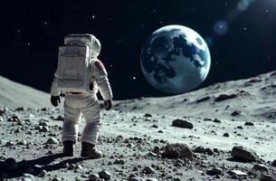 Astronaut stand on ground planet obscure and looking large satellite space photo