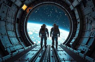 Astronauts obscure getting ready to go into outer space airlock spacecraft photo