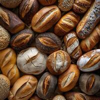 Assorted breads displayed with fresh singleorigin coffee on a wooden table photo