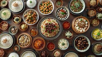 Assorted Dishes on a Wooden Table Top View Culinary Variety photo