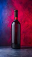 Glass bottle of red wine with a red ribbon on a red and blue background photo