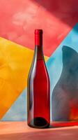 Bottle of red wine on wooden table against colorful background photo