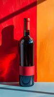A red wine bottle with a red label rests on the table photo