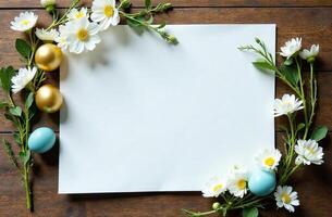 Background with copy sweet space for text and decorated Easter eggs photo