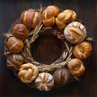An assortment of breads displayed in a wreath shape on a wooden table photo