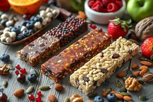 Various types of granola bars are displayed on the table photo