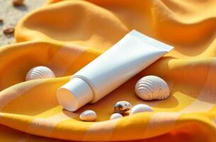 Mockup White Tube Bottle nice Cosmetic Jar on background shells beach photo