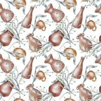 Vases various shape in sepia tone with blue botanical elements watercolor seamless pattern isolated. Leaves and flowers in jug hand drawn endless background for pottery themes textile, package. vector