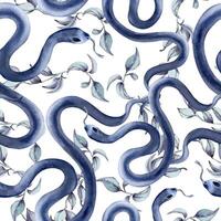 Dark blue snakes twist with delicate leaves watercolor monochrome seamless pattern isolated. Snake pattern with liana and branches in soft tones hand drawn for mystical designs, textiles, wallpapers vector