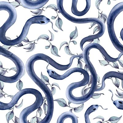 Dark blue snakes twist with delicate leaves watercolor monochrome seamless pattern isolated. Snake pattern with liana and branches in soft tones hand drawn for mystical designs, textiles, wallpapers