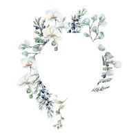 White orchids, juniper blue berries and eucalyptus twigs in pastel watercolor circle frame isolated. Neutral leaves and flowers in soft sage green tones hand drawn. Greenery wreath for wedding design vector