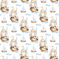 Different sailing boats on sea waves hand drawn watercolor for seamless nautical pattern. Maritime design textile with seafaring. Nautical background with sailing ship for packaging, print. vector