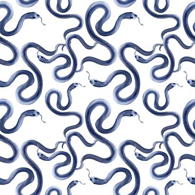 Black snakes watercolor seamless pattern isolated on white. Animal print of dark blue snake viper on monochrome repeated background hand drawn for gothic designs, textile, wallpapers