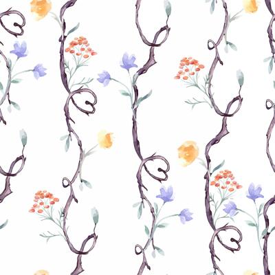 Branches, flowers and hearts by watercolor seamless pattern isolated. Vertical tree repeating background with delicate orange blue hand drawn flowers . Nature wallpaper with botanical plant elements