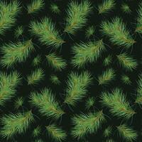 Pine branches on seamless watercolor pattern isolated on black. Christmas botanical endless background. Christmas tree branches for wrapping paper, fabric, wallpapers, and seasonal package. vector