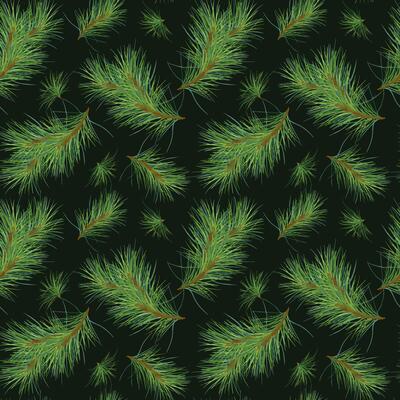 Pine branches on seamless watercolor pattern isolated on black. Christmas botanical endless background. Christmas tree branches for wrapping paper, fabric, wallpapers, and seasonal package.