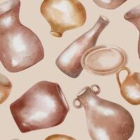 Various handmade pots in natural tones watercolor seamless pattern isolated. Clay dishes different shape and size hand drawn ornament. Print with vase and pot for design textile, package, paper. vector
