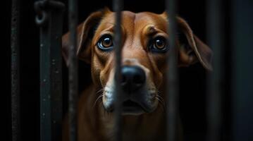 Dog Behind Bars Looking Sad with Large Eyes in Dark Setting photo