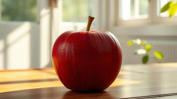 A red apple sitting on a table in front of a window photo