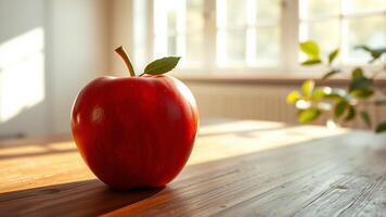 A red apple sitting on a table in front of a window photo