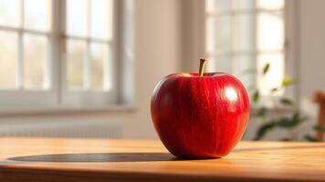 A red apple sitting on a table in front of a window photo