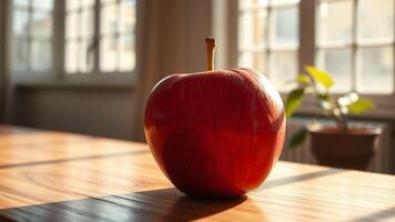 An apple sitting on a table in front of a window photo