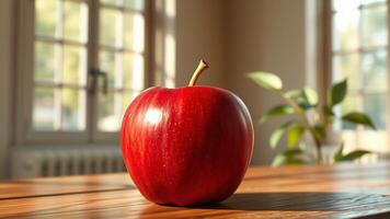 A red apple sitting on a table in front of a window photo