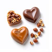 Assorted chocolates, candies with nuts. Macro photography. Realistic isolated colorful food illustrations for advertising and packaging design photo