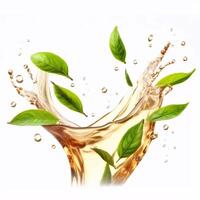 Splash of tea isolated on a white background. Fresh leaves falling in a stream. Design element for packaging and advertising. Photorealistic food illustration photo