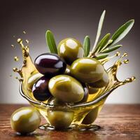 Natural green olives with leaves, drowning in a golden oil splash. Extra quality olive oil. Element of packaging design and decoration photo