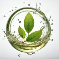 Circle splash of green tea or water isolated on a white background. Fresh leaves in a stream. Design element for packaging and advertising. Photorealistic food illustration photo