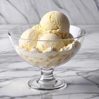Scoops of natural vanilla ice cream in a transparent bowl. Gelato close-up image. Macro photo, advertising design element photo