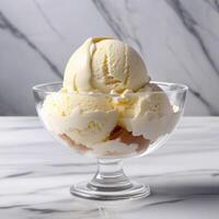 Scoops of natural vanilla ice cream in a transparent bowl. Close-up image. Macro photo, advertising design element photo
