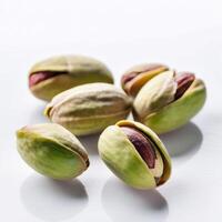 Pistachios scattered isolated on a white background. Macro food image. Design element photo