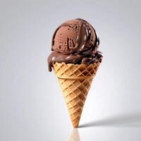 Isolated single chocolate ice cream in a crispy waffle cone covered with sweet sauce. Advertising design element photo