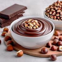 Chocolate cream with hazelnut, soft paste in a bowl. Dark melted chocolate, cocoa. Close-up food image. Design element photo